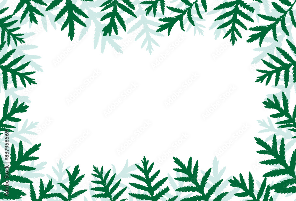 A greenery silhouette of forest leaves with a white background. Horizontal frame for card, invite.