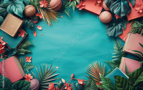 Blue background with tropical leaves and flowers. Generative AI