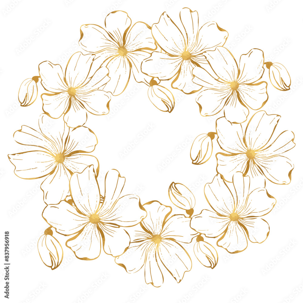 A gold foil drawing of a flower wreath with a white background.The flowers of poppies are drawn in a stylized way, with each petal and stem carefully outlined.