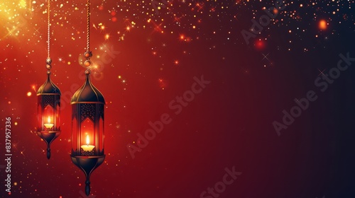 Traditional arab culture symbols: islamic lanterns and lamps against ornate background with text area, celebrating the spirit of ramadan, eid mubarak, and eid al-adha © Ashi