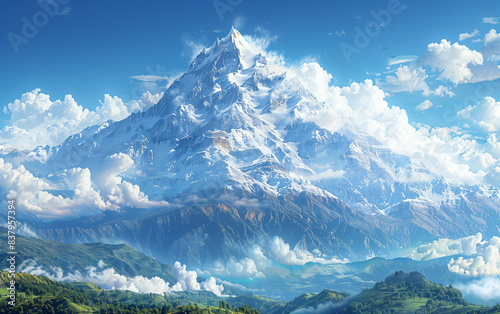 Majestic mountain painting with clouds. Generative AI