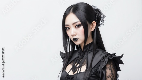 asian woman wearing goth costume with plain white back background