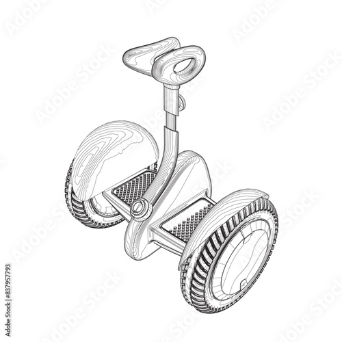 Contour Gyroscooter vector illustration. Cartoon isolated personal electric smart transport, modern eco vehicle with battery and two wheels for city ride and mobility. 3D.