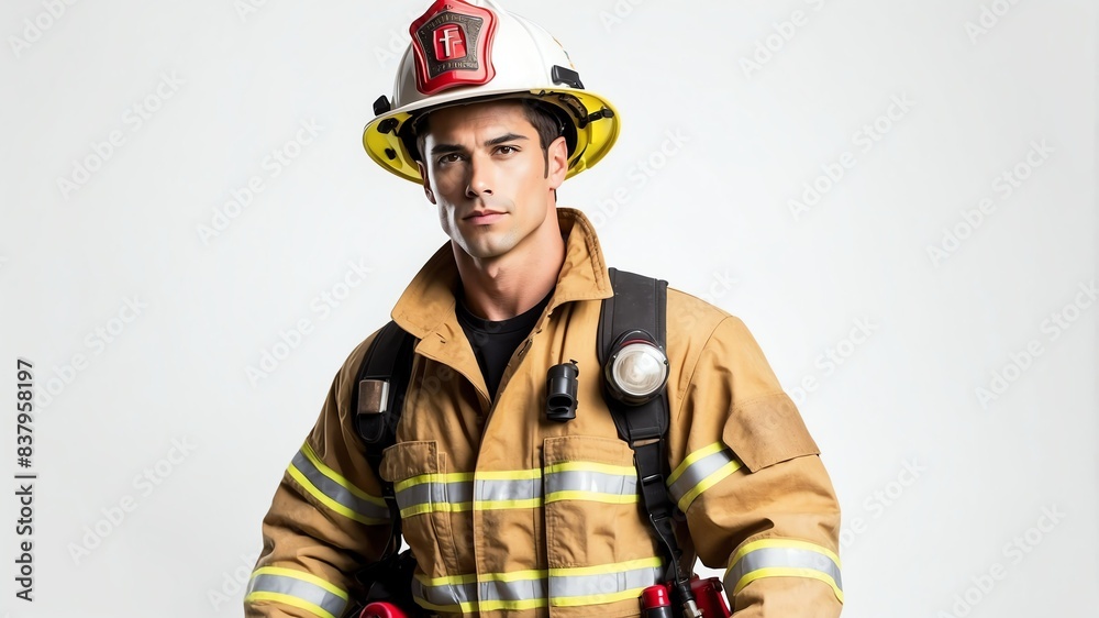 sexy guy wearing firefighter clothing with plain white background sexy guy wearing firefighter clothing with plain white background