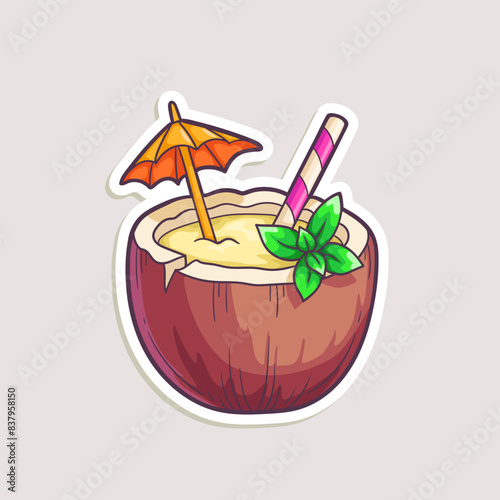 Cartoon sticker for cafe food design. Vector hand-drawn illustration of cocktail in coconut with mint leaves isolated on white.