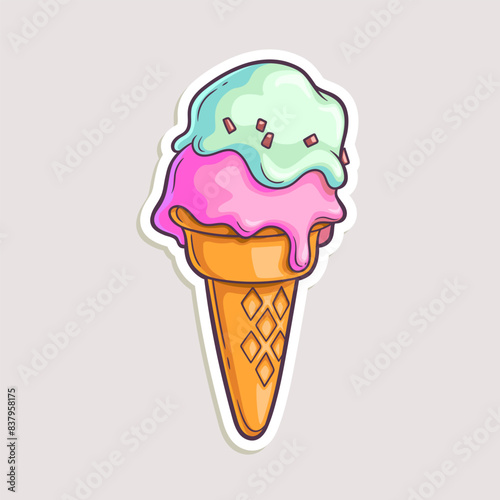 Cartoon sticker for summer design. Vector hand-drawn illustration of ice cream in a waffle cone isolated on white.