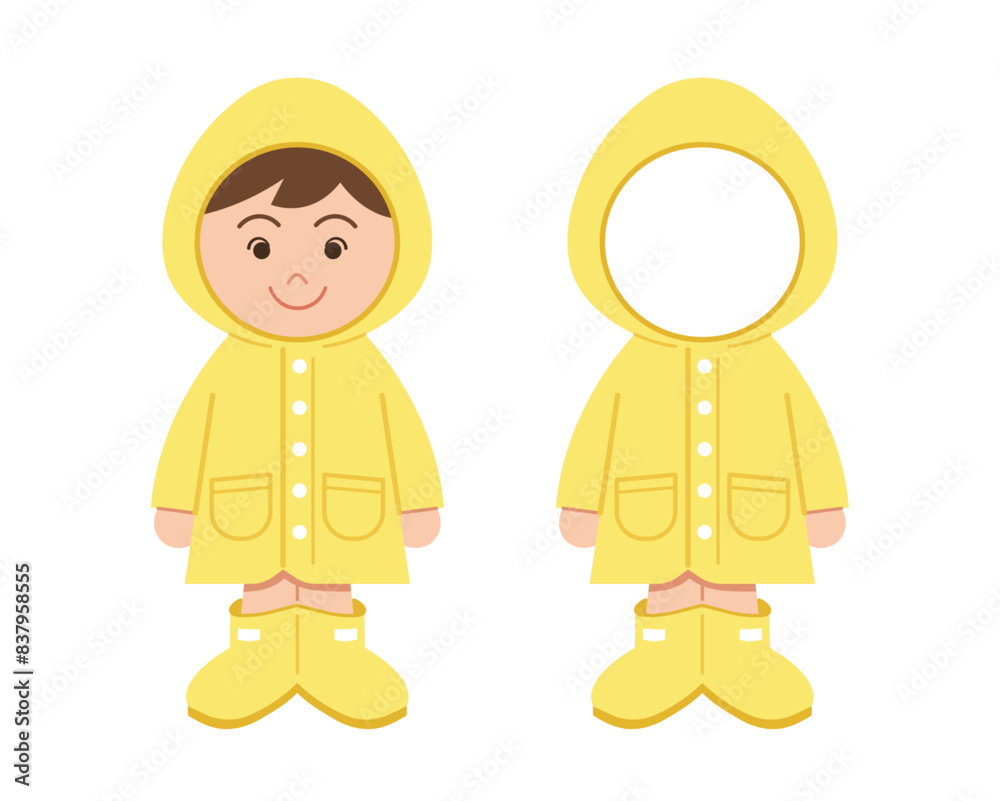 A kid is wearing yellow raincoat and rain boots. A kid face frame for putting photo in. Cartoon style vector illustration. A kid is wearing yellow raincoat and rain boots. A kid face frame for putting photo in. Cartoon style vector illustration.
