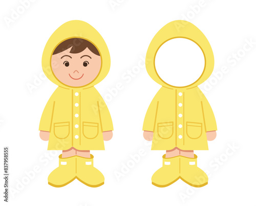 A kid is wearing yellow raincoat and rain boots. A kid face frame for putting photo in. Cartoon style vector illustration.