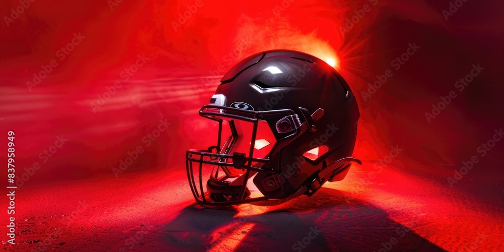 Fototapeta premium Metallic nfl helmet floating center frame under red spotlight, harsh red edge backlighting