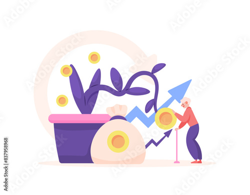 pension or retirement fund. return investment. illustration of a grandfather harvesting investment money. get money in old age. money plant. benefits and profits. illustration concept. graphic element
