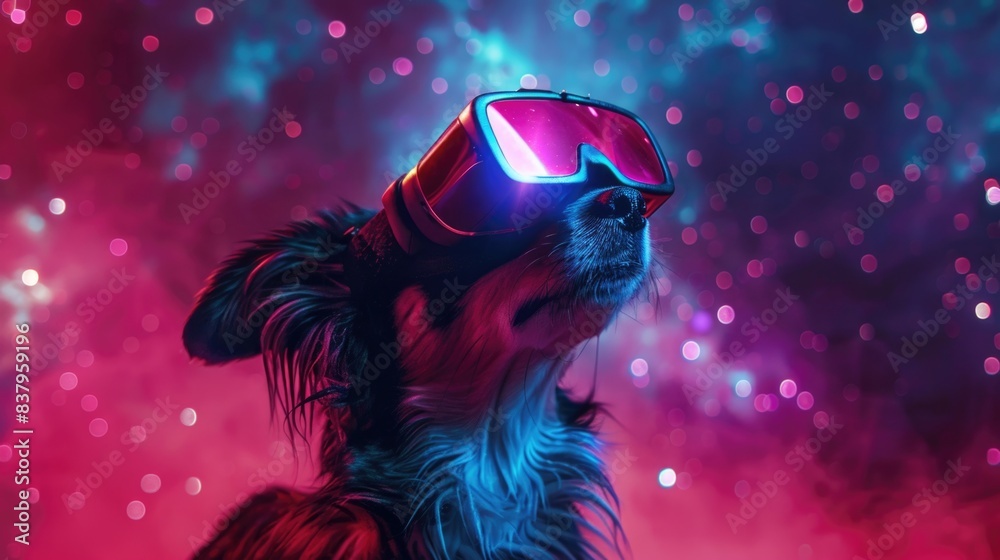 Metaverse tiny cute dog in virtual reality glasses with glowing eyes on neon space background Metaverse tiny cute dog in virtual reality glasses with glowing eyes on neon space background
