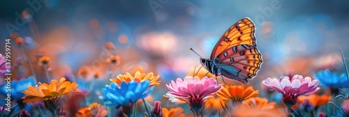 A group of butterflies on a wildflower meadow, the diversity of colors and species shown in vibrant clarity