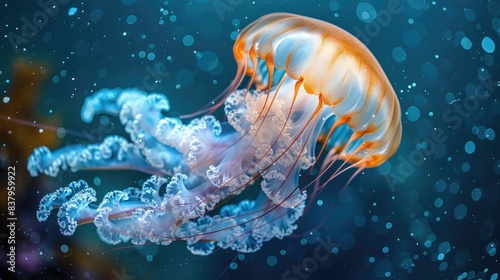 Close-up of a jellyfish with translucent tentacles floating gracefully against a deep blue ocean backdrop