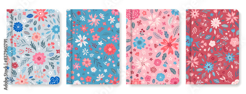 Floral composition set. Aesthetic botanical notebook covers. Boho provence style print collection. EPS 10 vector illustration.
