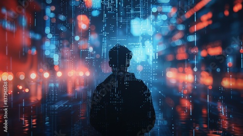 A person stands in the foreground  their silhouette outlined against a blurry background of city lights and digital data
