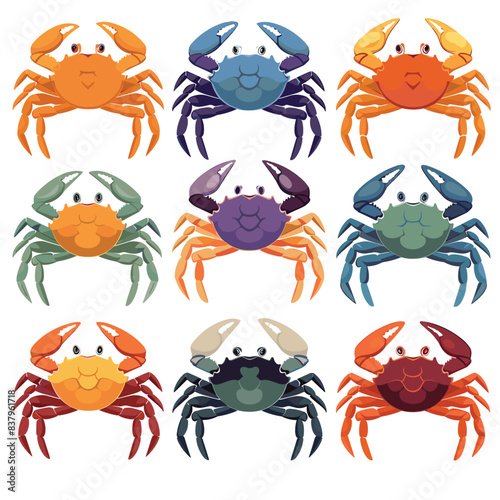 Nine colorful crabs illustrated various hues, crab two claws staring eyes. Crustaceanthemed artwork arranged three rows three columns. Set crabs designed different color schemes against white