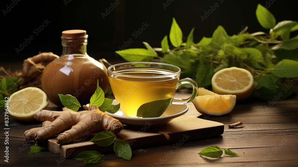 Tulsi ginger and turmeric combination green tea, ingredients on white background Tulsi ginger and turmeric combination green tea, ingredients on white background