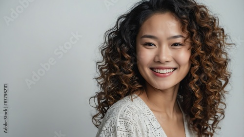 smiling asian woman beautiful curly hair with plain wh background photo