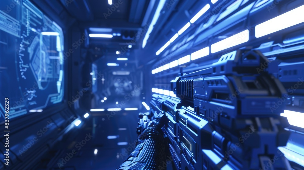 Mock-up of the Sci-Fi First Person Shooter. 3D Game Playthrough, FPS with Gun on a Spaceship, War Against Flying Robots Threat Mock-up of the Sci-Fi First Person Shooter. 3D Game Playthrough, FPS with Gun on a Spaceship, War Against Flying Robots Threat