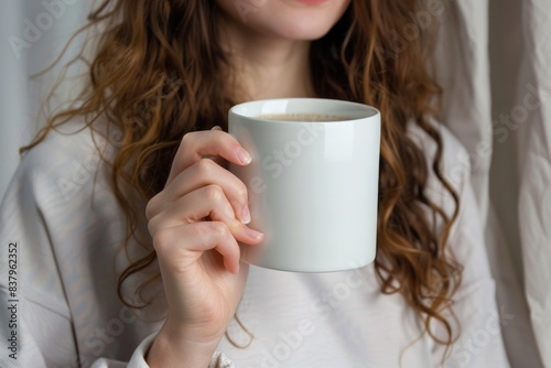 Mockup photography of a girl holding a 11 oz white mug close to her chest