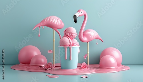 Pink flamingo float melting with stick ice cream on pastel blue background. Creative minimal summer concept idea. 3D rendering, pink flamingo, summer concept, pastel blue background, photo