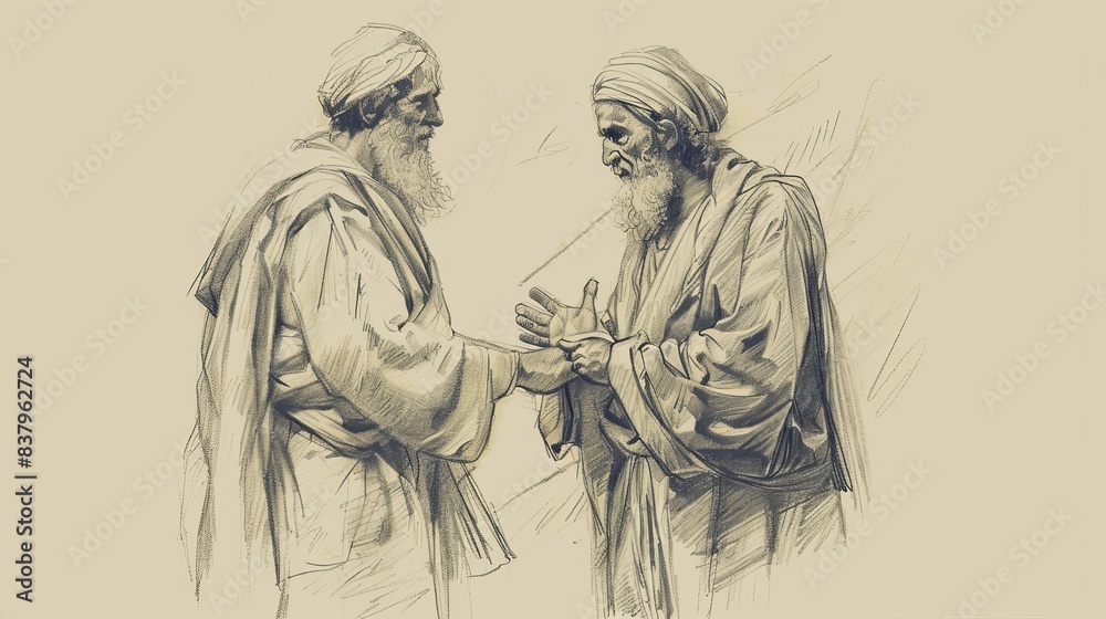 Obraz premium The Parable of the Unmerciful Servant: Servant Demanding Repayment from Fellow Servant, Biblical Illustration, Beige Background, Copyspace