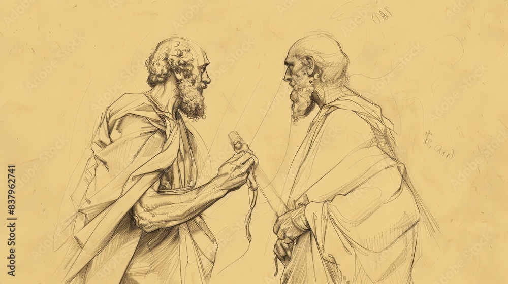 Fototapeta premium Biblical Illustration of the Parable of the Talents, Servant Burying Talent on Beige Background with Copyspace