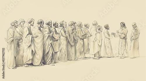 Biblical Illustration of the Parable of the Wedding Feast: King Inviting Guests, Beige Background, Copyspace