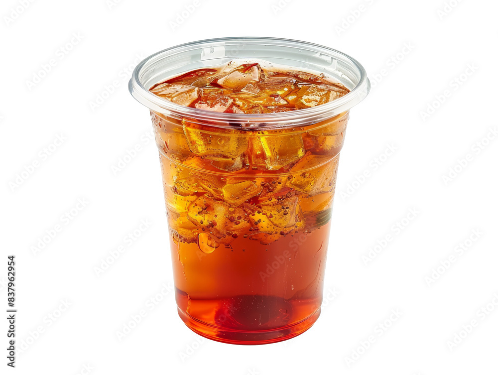 Refreshing iced tea in a clear plastic cup, filled with ice cubes, perfect for a hot day or summer refreshment.