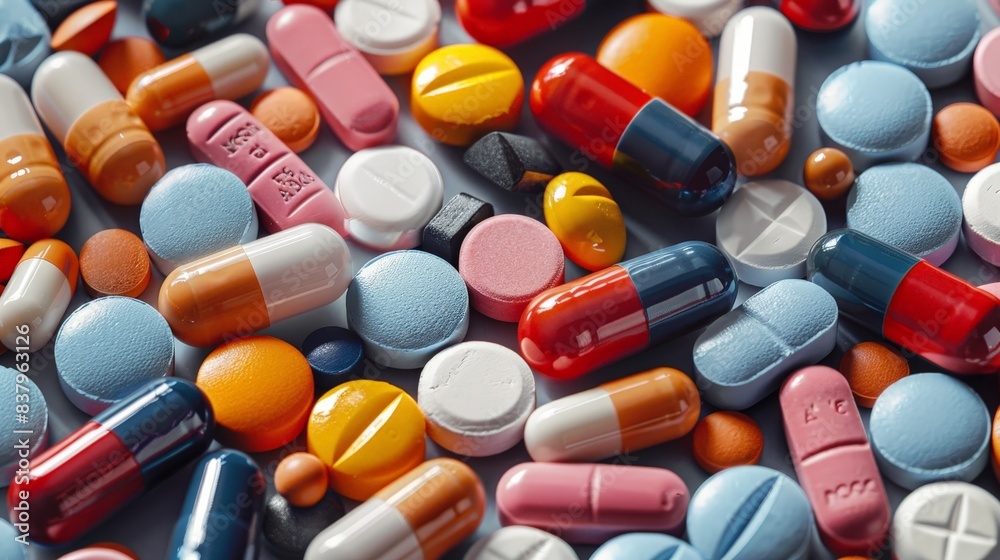 A close-up image showcasing a variety of pills and capsules, displaying a diverse range of colors, sizes, and shapes A close-up image showcasing a variety of pills and capsules, displaying a diverse range of colors, sizes, and shapes