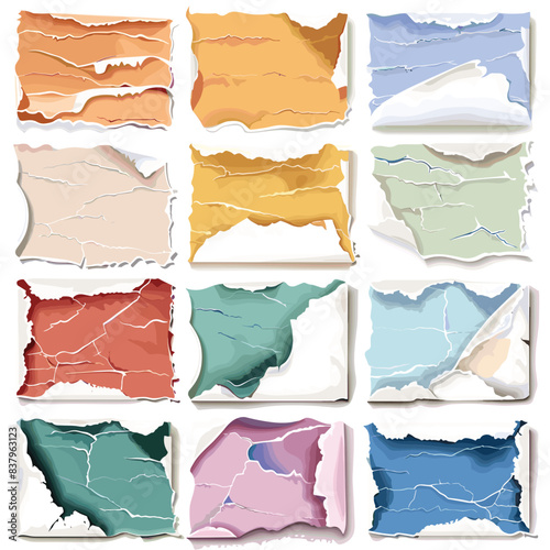 Collection torn paper pieces various colors. Crumpled paper textures isolated white background. Ripped edges fragments stationery concept