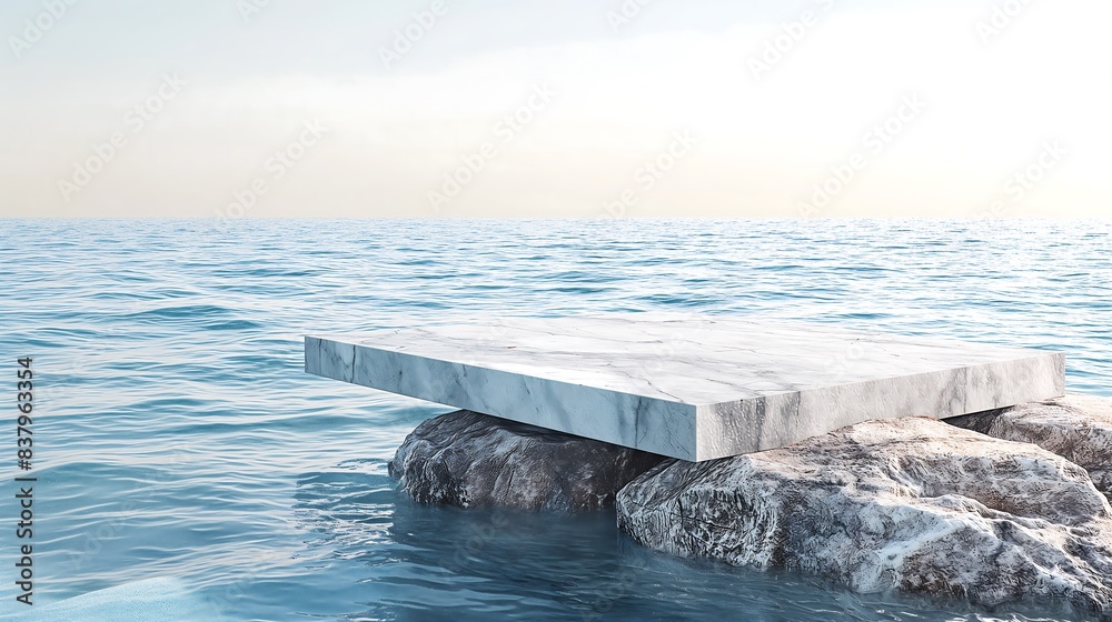 Naklejka premium Marble Slab Resting on Rocks by Tranquil Ocean with Clear Blue Water, podium for product display
