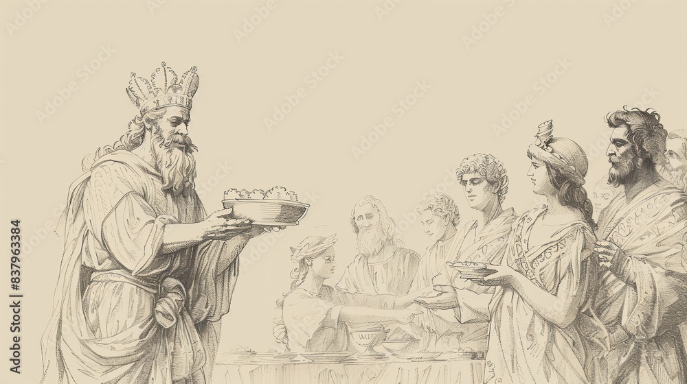 Fototapeta premium Biblical Illustration of the Parable of the Wedding Feast: King Inviting Guests to Son’s Wedding, Beige Background, Copyspace