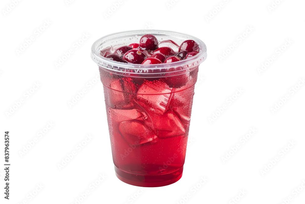 Refreshing cranberry juice with ice cubes in a clear plastic cup. Perfect for a cool, tasty beverage on a hot day. Refreshing cranberry juice with ice cubes in a clear plastic cup. Perfect for a cool, tasty beverage on a hot day.