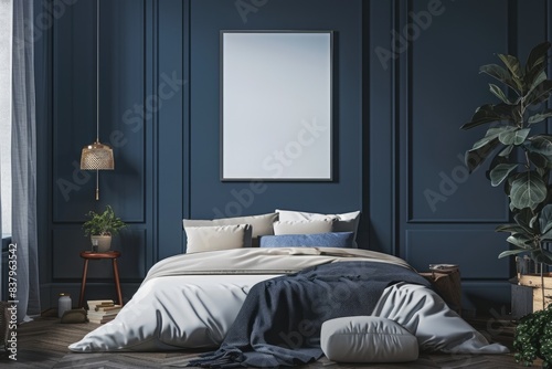 Mockup poster frame in luxury bedroom interior, 3d render, Indigo background.