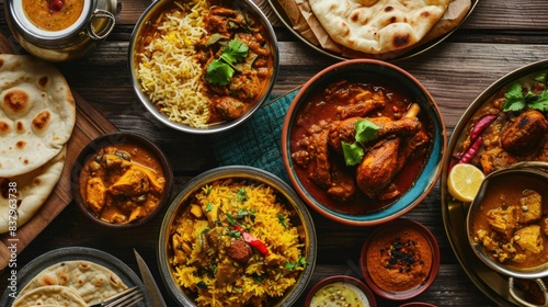 A table full of food with a variety of dishes including rice, chicken, and vegetables. The table is set for a meal and the food looks delicious