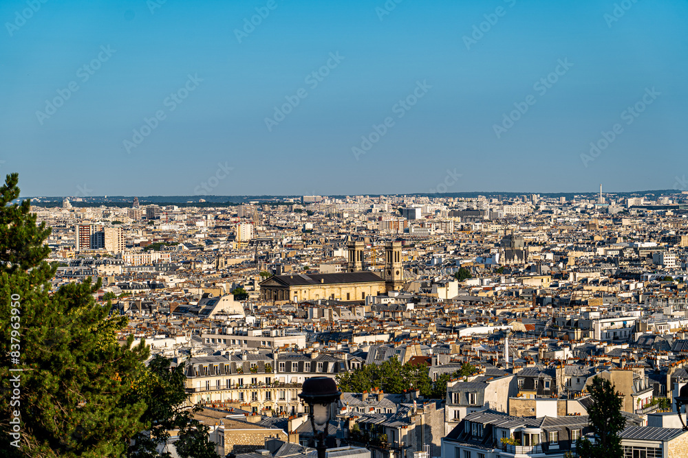 Aerial view of the Paris skyline, from an elevated area in the Montmartre district Aerial view of the Paris skyline, from an elevated area in the Montmartre district