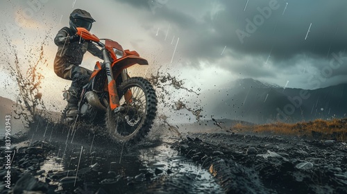 Extreme sport orange dirt bike riding on a rugged terrain, splashing through wet and muddy path