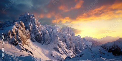 A mountain range with a beautiful sunset in the background. The sky is filled with clouds and the sun is setting, creating a serene and peaceful atmosphere