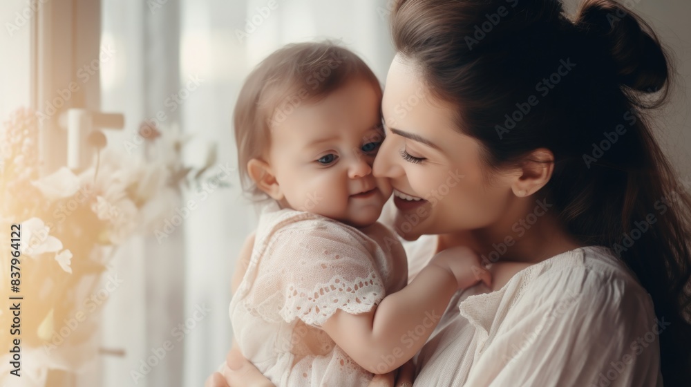 A woman is holding a baby in her arms. The baby is smiling and the woman is smiling back. Scene is happy and loving A woman is holding a baby in her arms. The baby is smiling and the woman is smiling back. Scene is happy and loving