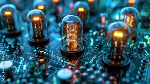 A close-up image of illuminated vacuum tubes on a circuit board, showcasing the glowing filaments photo