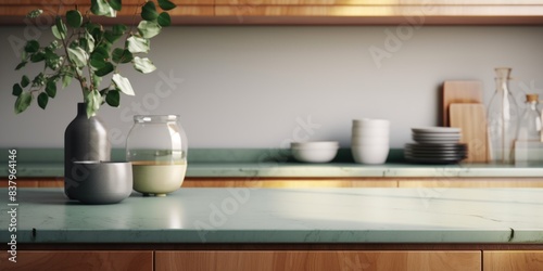 A kitchen counter with a vase of green leaves and a bowl of cream on it. The counter is made of granite and has a wooden cabinet above it