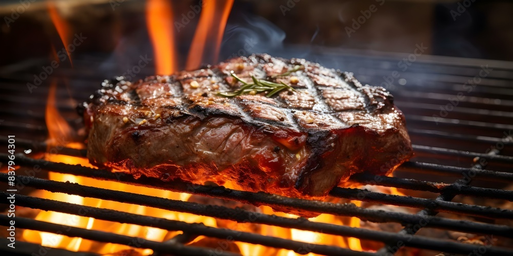 Grilling a Ribeye Steak on a Flaming Grill for the 4th of July. Concept BBQ, Grilling, Ribeye Steak, Flaming Grill, 4th of July Grilling a Ribeye Steak on a Flaming Grill for the 4th of July. Concept BBQ, Grilling, Ribeye Steak, Flaming Grill, 4th of July