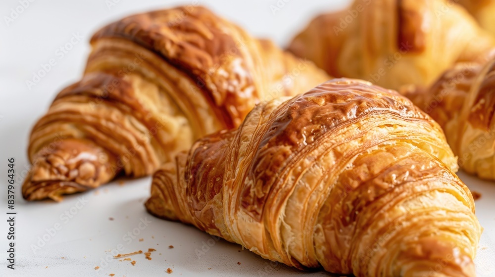 A row of croissants with a golden brown crust. The croissants are sitting on a white table