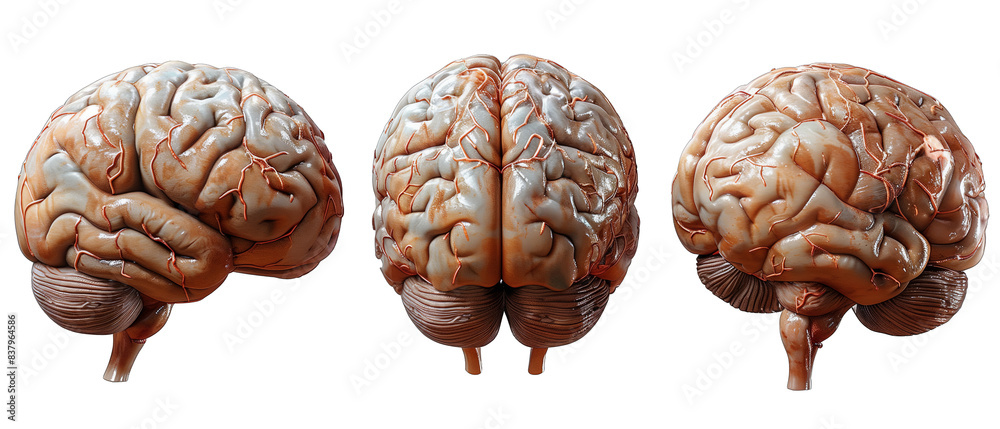 Set of 3 brains in isolation on transparent background, 3d rendering Set of 3 brains in isolation on transparent background, 3d rendering