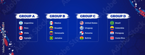 Soccer Tournament Groups with Team Flags and Country Names on Blue Background.