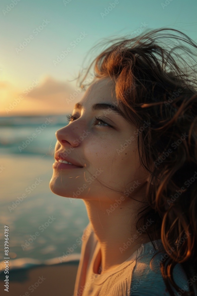 A woman with long brown hair is smiling at the camera while sitting on the beach. The sun is setting in the background, creating a warm and peaceful atmosphere A woman with long brown hair is smiling at the camera while sitting on the beach. The sun is setting in the background, creating a warm and peaceful atmosphere