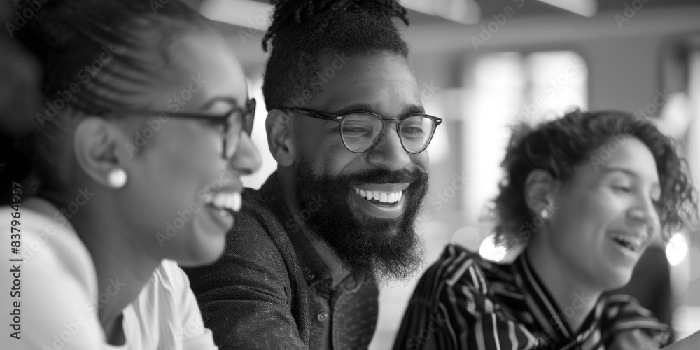 Three people are smiling and laughing together. The man has a beard and is wearing glasses. The woman on the left is wearing a white shirt and the woman on the right is wearing a black
