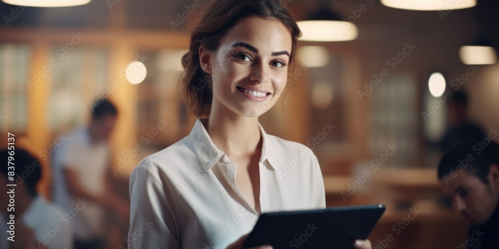 A woman is smiling and holding a tablet. She is surrounded by other people in a room. Scene is happy and friendly