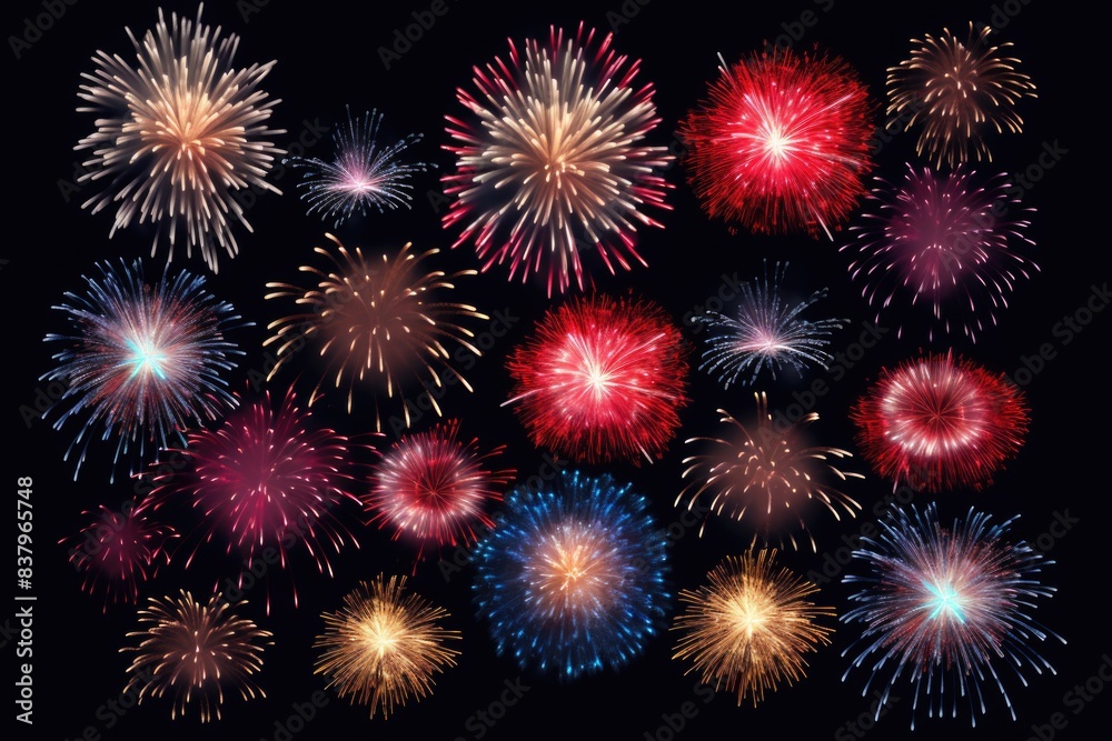 Fototapeta premium A collection of fireworks with different colors and sizes. The fireworks are arranged in a way that creates a sense of excitement and celebration. Concept of a festive event or holiday